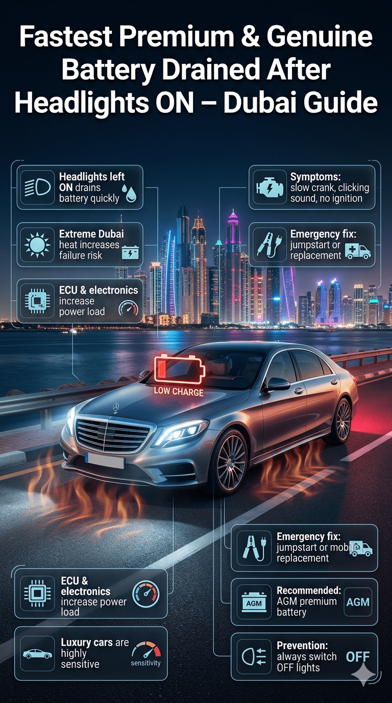 Luxury Dubai car battery emergency infographic showing headlights ON draining battery with warning signs, heat effects, and roadside assistance solutions.