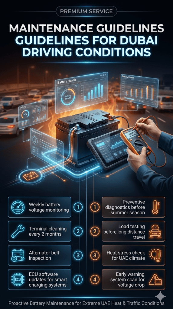 Car Battery Maintenance Guidelines for Dubai Driving Conditions – Complete Care Guide Premium automotive infographic showing car battery maintenance guidelines for Dubai driving conditions, including voltage monitoring, terminal cleaning, alternator inspection, ECU updates, and preventive diagnostics.