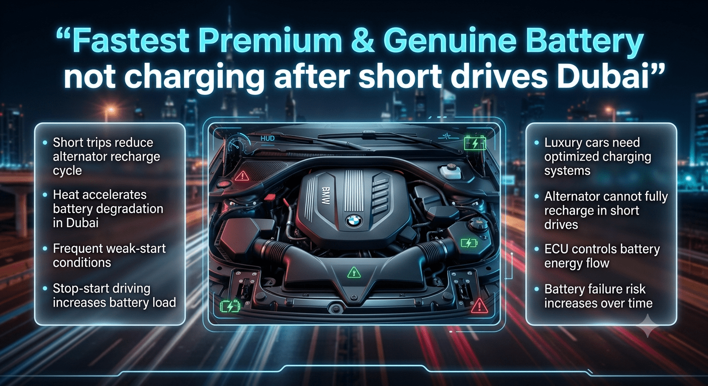 Luxury futuristic automotive infographic showing car battery charging failure after short drives in Dubai, with central engine battery visualization and side panels explaining heat impact, short-trip charging issues, and luxury vehicle electrical system behavior.