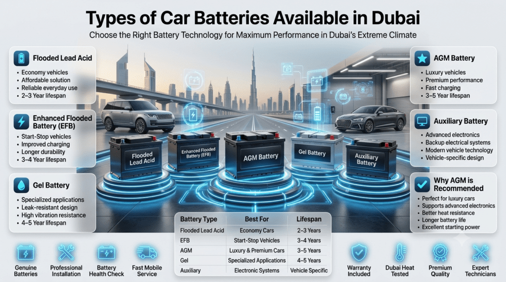 Types of Car Batteries Available in Dubai | Premium Battery Comparison Guide Types of Car Batteries Available in Dubai infographic comparing Flooded Lead Acid, EFB, AGM, Gel, and Auxiliary batteries with suitable vehicles, service life, and AGM battery recommendations.