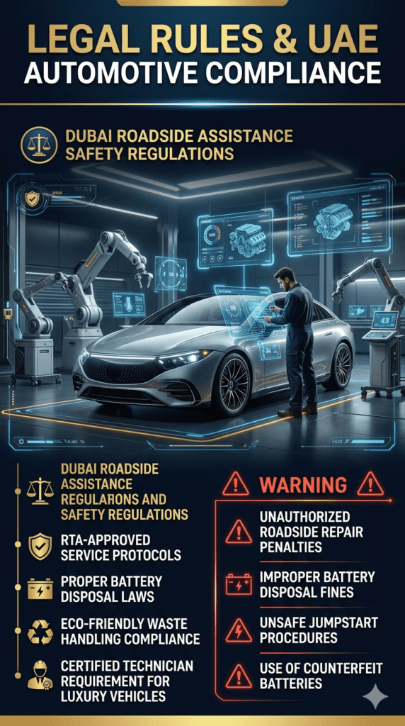 UAE automotive legal compliance infographic showing roadside assistance rules, technician standards, and battery safety regulations with warning guidelines.