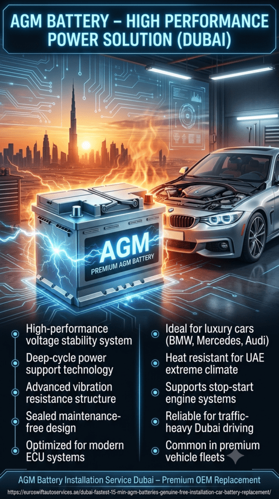 AGM car battery infographic showing high-performance features, luxury vehicle compatibility, and Dubai heat-resistant automotive technology.