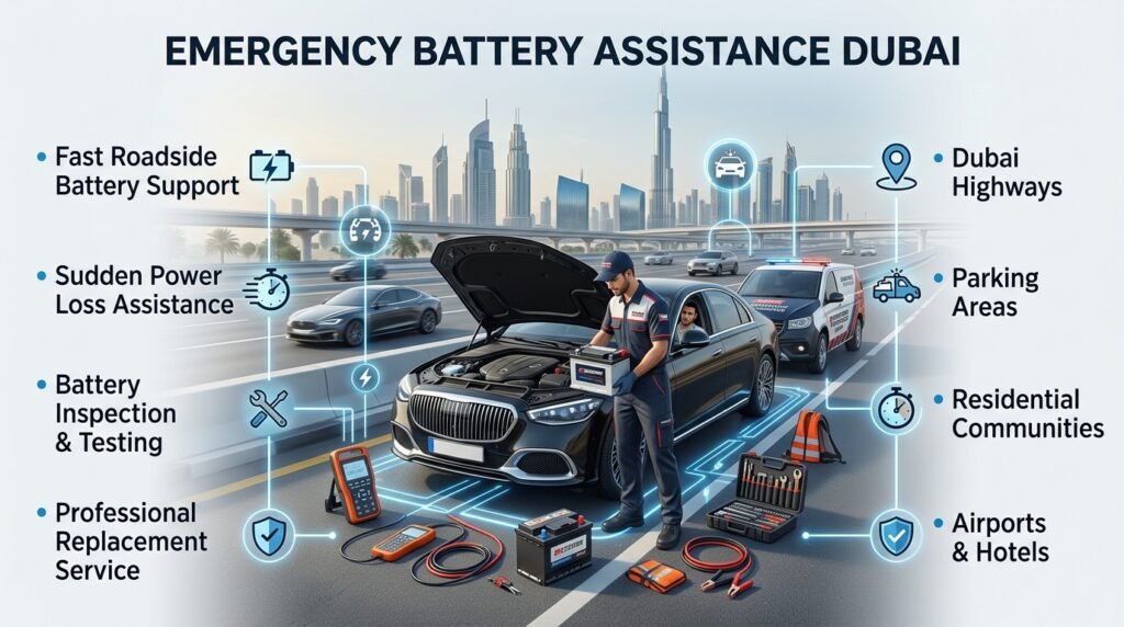 Emergency battery assistance Dubai with professional roadside car battery replacement service and fast vehicle support.