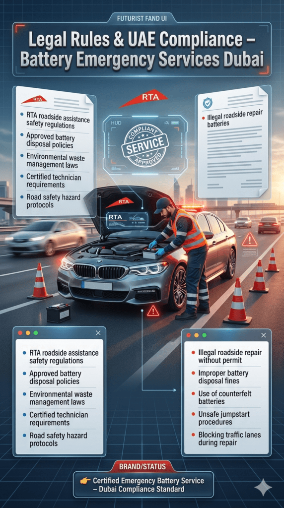 Infographic showing legal rules and UAE compliance for roadside battery replacement services in Dubai including RTA regulations, safety protocols, and violations.