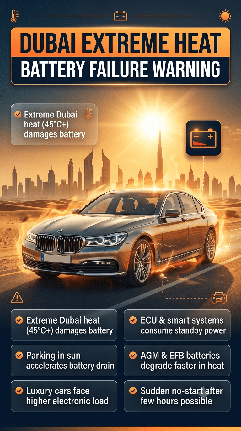Luxury car battery failure in Dubai heat showing warning signs after parking under sun with infographic points explaining battery drain causes, heat impact, and vehicle electronic load issues.