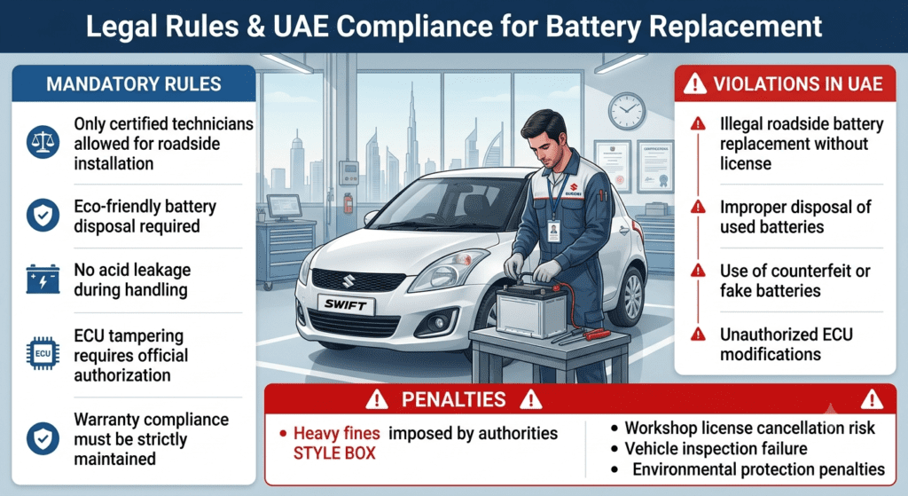 Professional legal infographic showing UAE compliance rules for Maruti Suzuki Swift battery replacement including mandatory regulations, violations, and penalties with technician working in workshop background.