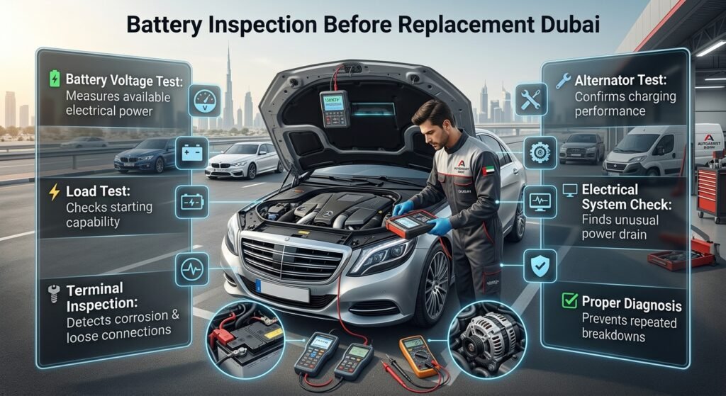 Battery inspection before replacement in Dubai showing voltage testing, load testing, terminal inspection, alternator check, and electrical diagnosis.