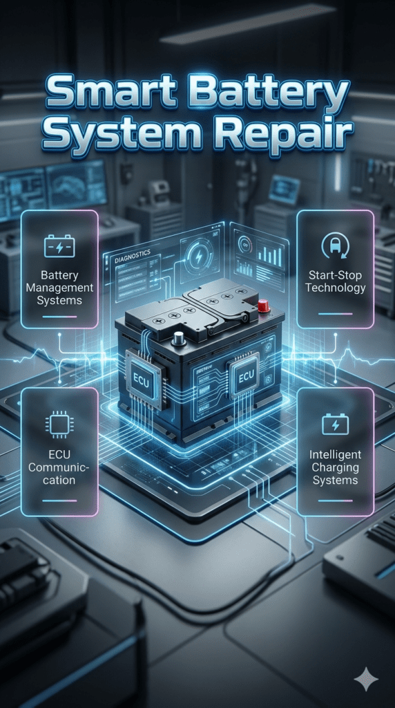 Smart Battery System Repair β Advanced Automotive Diagnostic Guide Smart battery system repair infographic showing ECU communication, battery management systems, start-stop technology, and intelligent charging systems in a modern automotive diagnostic design.