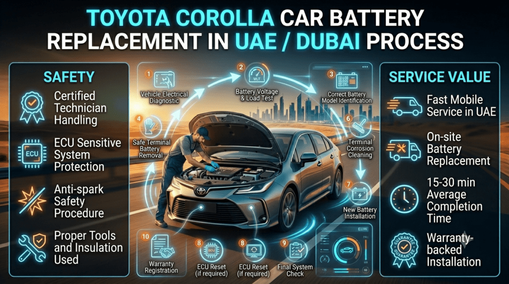 Step-by-step Toyota Corolla Car Battery Replacement in UAE Dubai process infographic showing diagnostic, battery testing, installation, ECU reset, and final safety checks in a professional workshop.