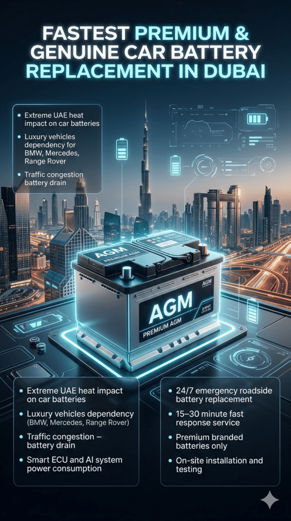 Premium infographic showing fastest car battery replacement service in Dubai with luxury battery, UAE heat effects, and emergency roadside assistance points.