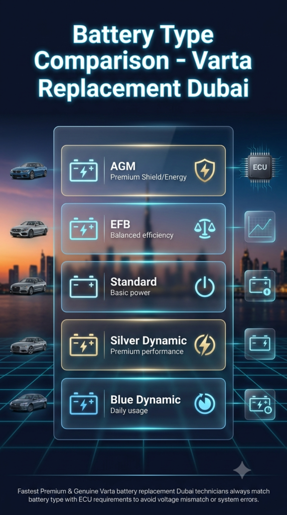 Futuristic automotive infographic showing Varta battery comparison table with AGM, EFB, Standard, Silver Dynamic, and Blue Dynamic types, highlighting usage, heat resistance, lifespan, and suitability for UAE vehicles.
