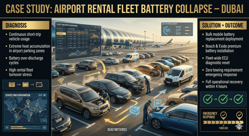 Infographic showing multiple rental cars at Dubai airport with dead batteries and mobile service teams performing emergency replacement.