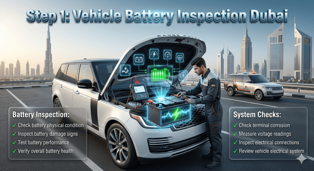 Step 1 Vehicle Inspection After Battery Failure Dubai – Complete Guide Vehicle battery inspection Dubai showing technician checking battery condition, corrosion, voltage, and electrical system status