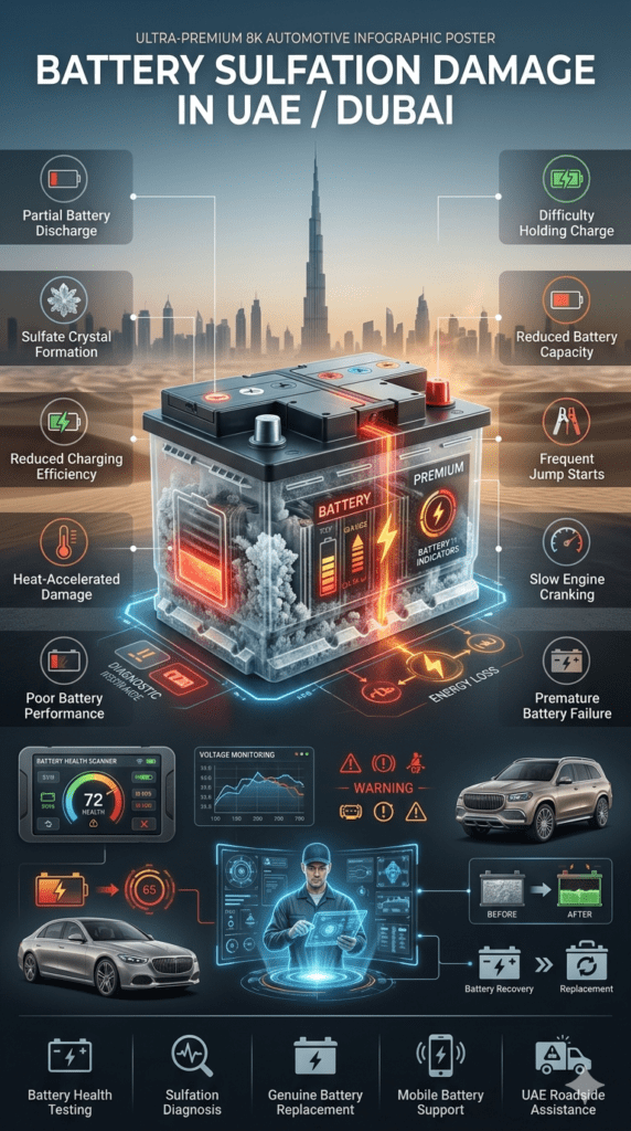 Professional automotive infographic illustrating battery sulfation damage in Dubai, showing a premium car battery with sulfate crystal buildup, reduced battery capacity, charging problems, and frequent jump-start issues.