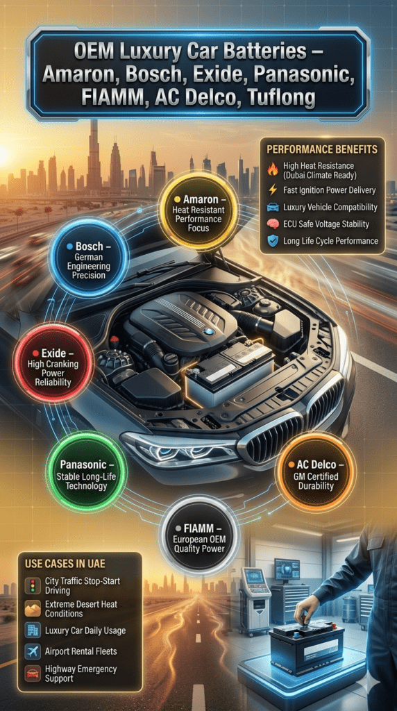 Luxury automotive infographic showing OEM car battery brands including Amaron, Bosch, Exide, Panasonic, FIAMM, AC Delco, and Tuflong installed in a premium engine system designed for Dubai heat and traffic conditions.