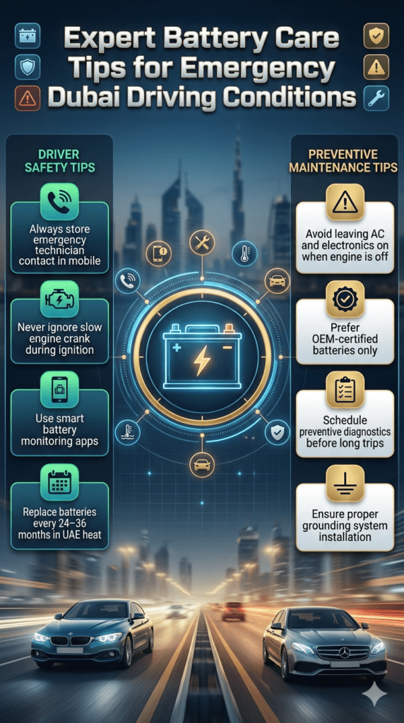 Expert Car Battery Maintenance Tips for Emergency Dubai Driving Conditions Premium infographic showing expert car battery maintenance tips for Dubai driving conditions, including emergency contact storage, smart monitoring, battery replacement schedule, and OEM usage guidelines in a futuristic automotive design.