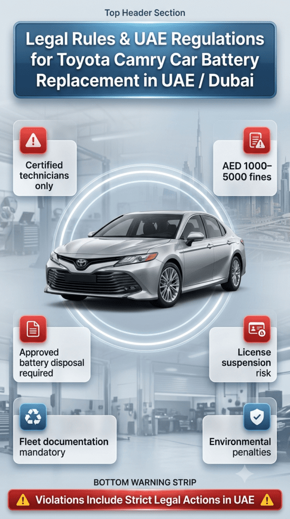 Infographic showing legal rules for Toyota Camry car battery replacement in UAE, featuring a central car image, side panels with compliance rules, fines, safety regulations, and warning icons in a modern automotive design layout.