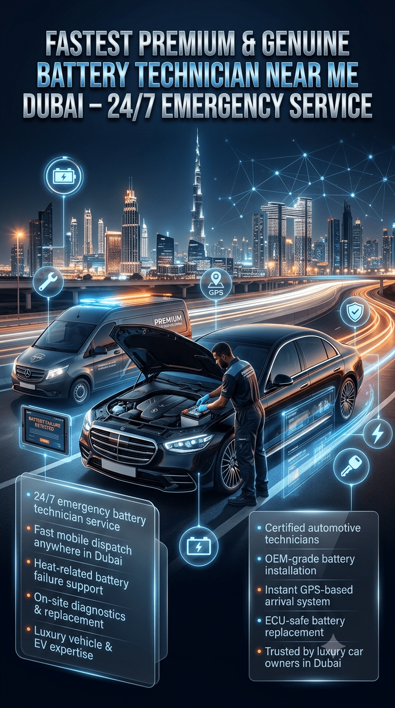 Luxury automotive infographic showing fast premium battery technician near me service in Dubai with mobile technician replacing a car battery in a luxury vehicle with emergency night assistance and Dubai skyline background.