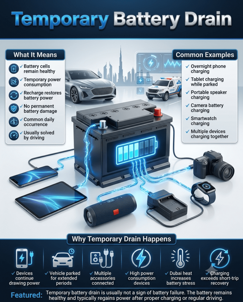 Premium automotive infographic showing a healthy vehicle battery temporarily losing power while charging phones, tablets, speakers, cameras, and smartwatches. The battery remains healthy while connected devices consume power, displayed in a modern Dubai automotive service environment.