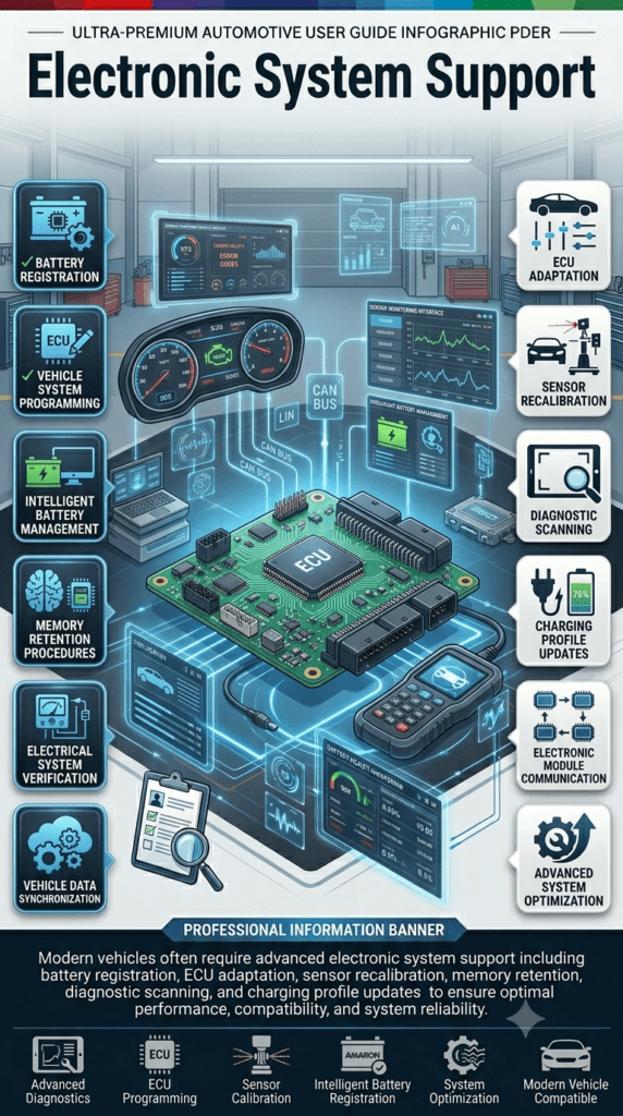 Professional Electronic System Support infographic featuring a central modern vehicle electronic control system with ECU modules, diagnostic scanners, digital dashboards, and advanced automotive technology. Animated information panels highlight battery registration, ECU adaptation, sensor recalibration, memory retention, diagnostic scanning, and charging profile updates in a premium automotive service design.