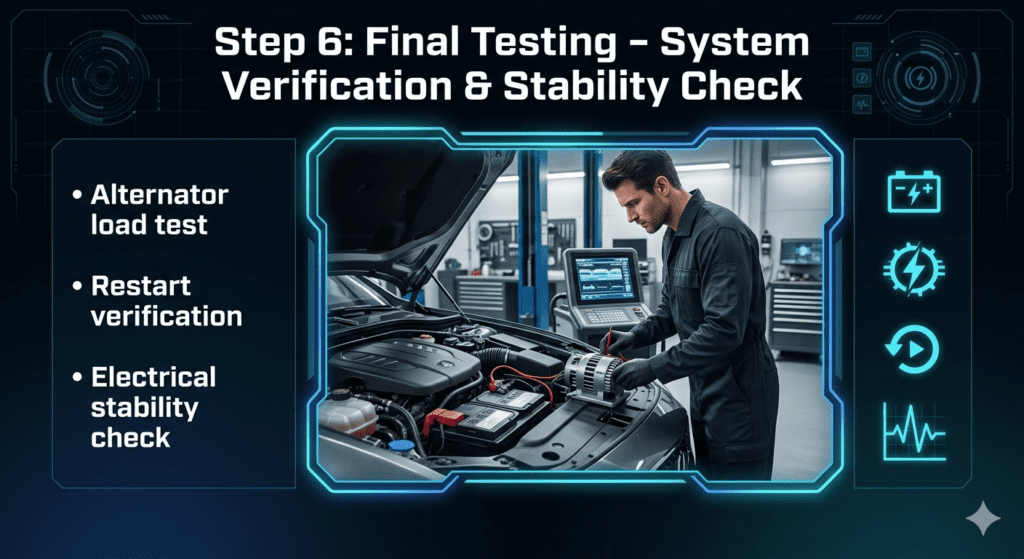 Step 6 automotive final testing infographic showing alternator load test, restart verification, and electrical stability check in a professional workshop diagnostic environment.