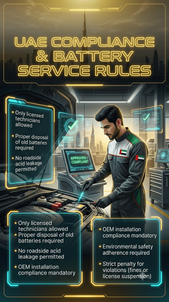Premium automotive infographic showing UAE battery service compliance rules in a futuristic Dubai workshop with a licensed technician and holographic regulation panels.