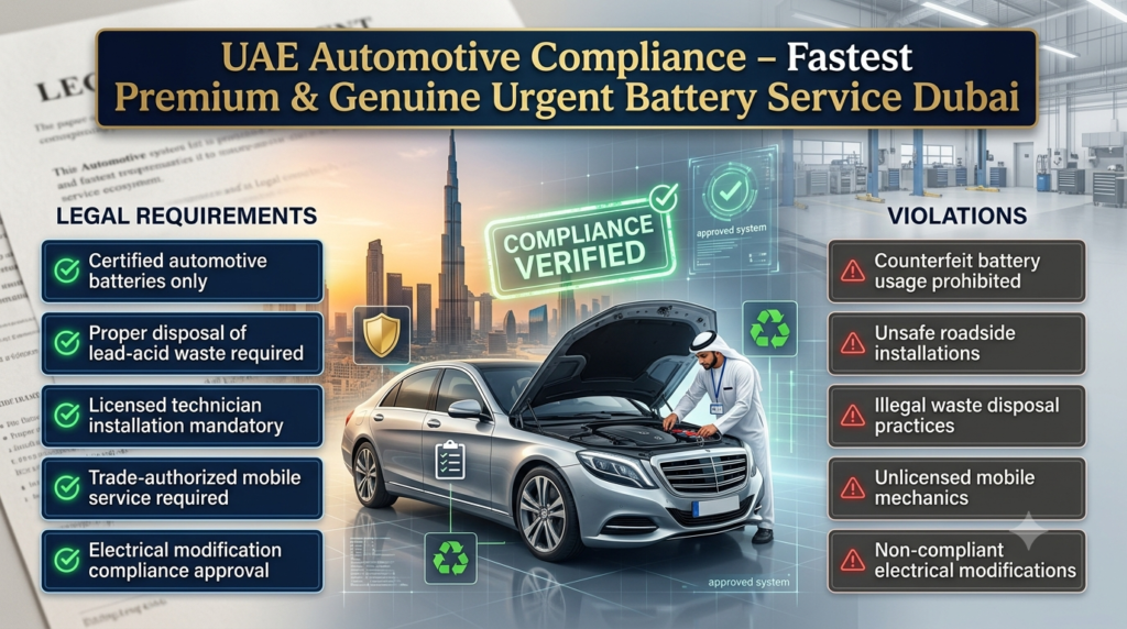 UAE automotive compliance infographic showing legal requirements and violations for emergency car battery services in Dubai with certified technicians, safety rules, and regulatory guidelines.