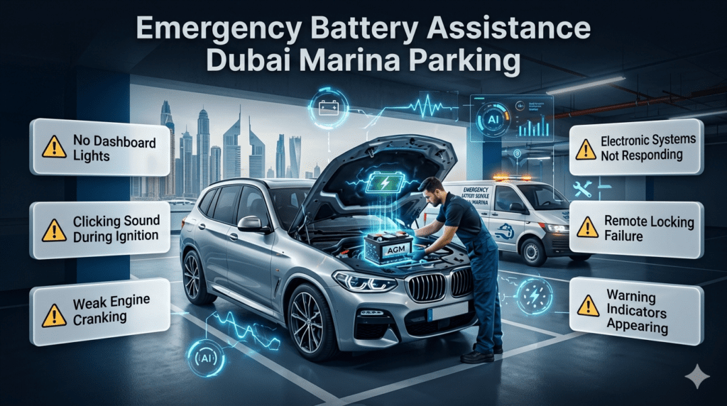 Emergency battery assistance Dubai Marina parking with technician diagnosing luxury car battery failure symptoms and roadside support