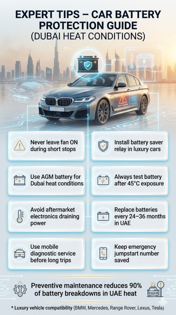 Expert Tips – Car Battery Protection Guide for Dubai Heat Conditions Automotive expert tips infographic showing car battery protection advice for Dubai heat conditions, including maintenance tips, battery safety recommendations, and preventive strategies for luxury vehicles.