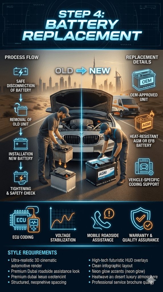 Luxury automotive infographic showing step 4 of battery replacement in Dubai where a technician removes an old car battery and installs a new OEM-approved AGM or EFB battery with coding and safety checks in a roadside service setup.