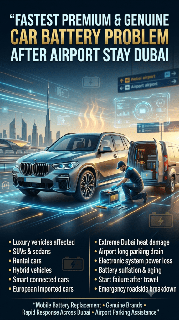 Premium infographic showing fastest car battery replacement service in Dubai after airport parking, featuring luxury SUV, mobile technician, and emergency battery failure symptoms in UAE heat conditions.