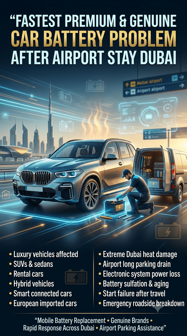Premium infographic showing fastest car battery replacement service in Dubai after airport parking, featuring luxury SUV, mobile technician, and emergency battery failure symptoms in UAE heat conditions.