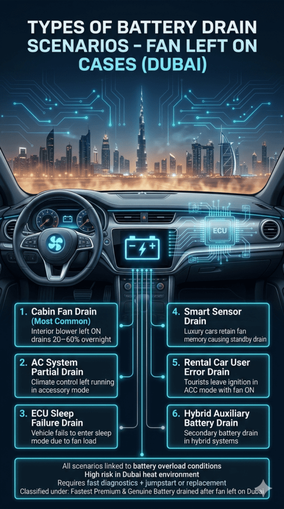 Types of Battery Drain Scenarios – Fan Left ON Cases in Dubai Infographic showing different car battery drain scenarios caused by leaving fan ON in Dubai, including cabin fan drain, AC drain, ECU sleep failure, smart sensor drain, rental car errors, and hybrid battery drain in a futuristic automotive UI design.