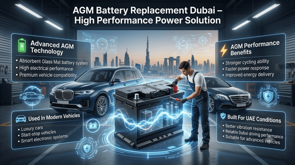 AGM car battery replacement Dubai infographic showing advanced battery technology, luxury vehicle compatibility, start-stop system support, and high performance benefits.