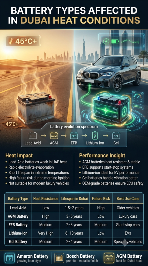 Comparison infographic showing car battery types affected in Dubai summer heat, including AGM, EFB, lead-acid, lithium-ion, and gel batteries with performance, lifespan, and failure risk details for UAE driving conditions.