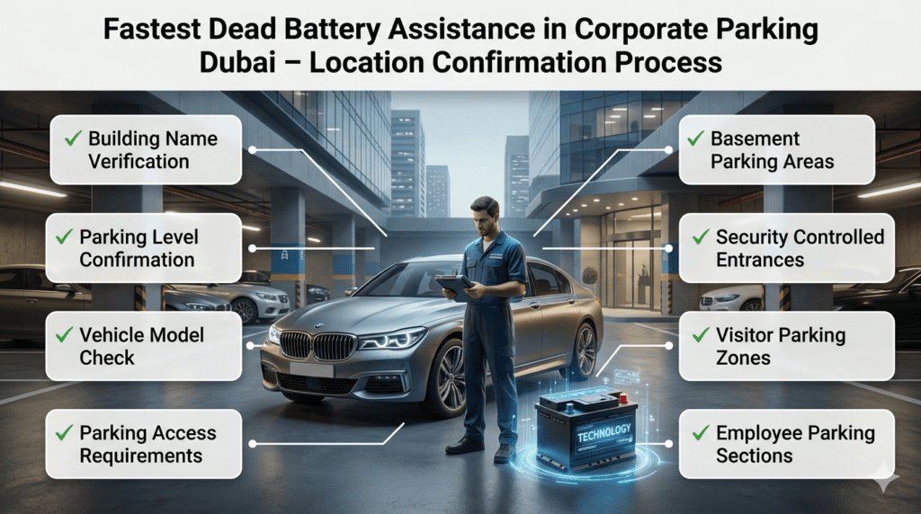 Corporate Parking Battery Service Location Confirmation Dubai Corporate parking dead battery service location confirmation process in Dubai with technician checking vehicle position, parking level, and emergency battery assistance