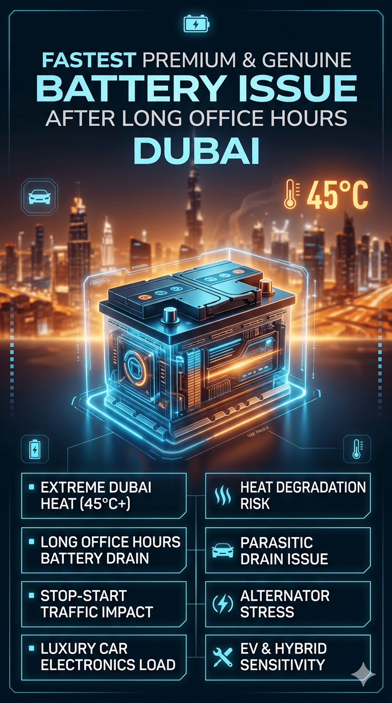 Premium infographic showing fastest premium and genuine car battery issues after long office hours in Dubai, highlighting heat damage, luxury car battery drain, alternator stress, and emergency roadside battery replacement services.