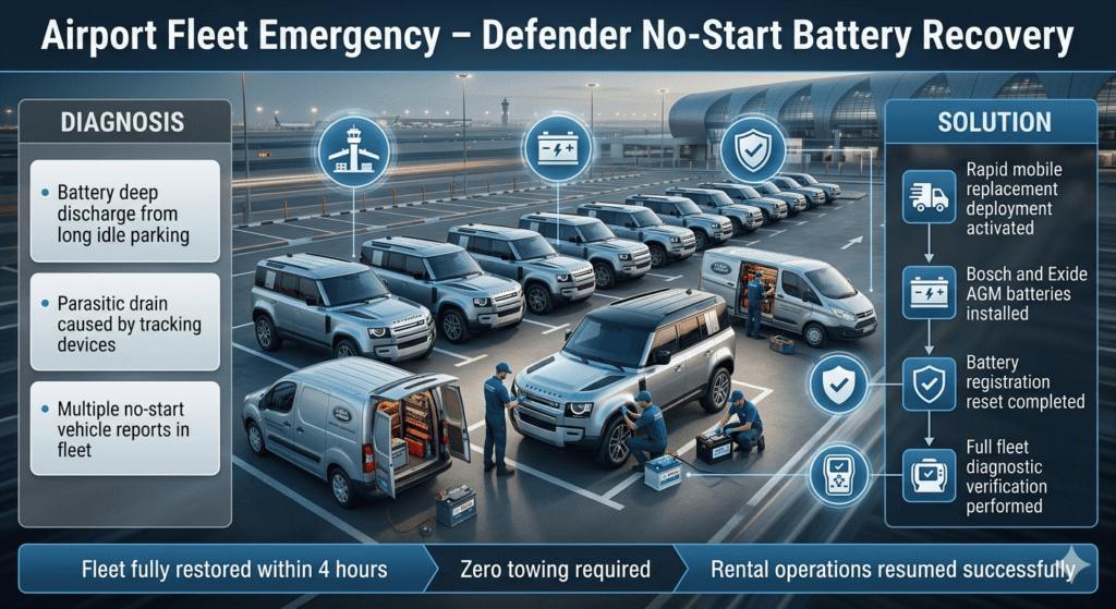 Land Rover Defender rental fleet battery emergency at Dubai Airport showing mobile replacement service, diagnosis, repair process, and fleet restoration.