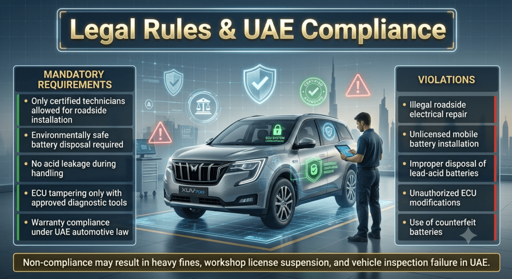 Infographic showing UAE legal compliance for Mahindra XUV700 battery replacement including certified technicians, safe disposal rules, ECU regulations, and violation penalties.