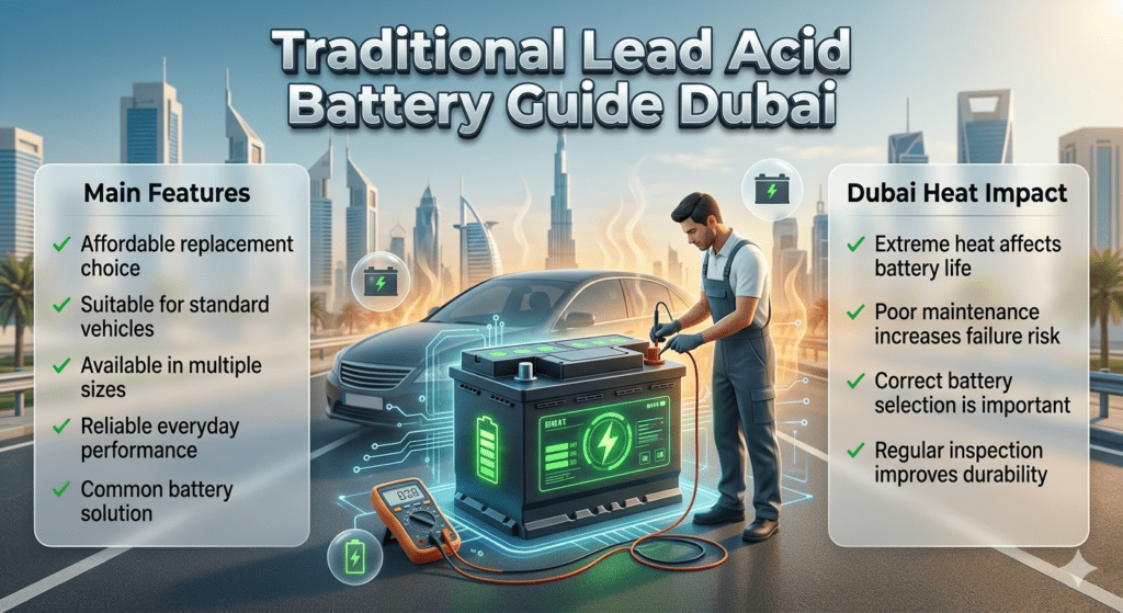 Traditional Lead Acid Car Battery Dubai – Features & Heat Impact Guide Traditional lead acid car battery Dubai showing affordable replacement, standard vehicle compatibility, and heat impact protection guide