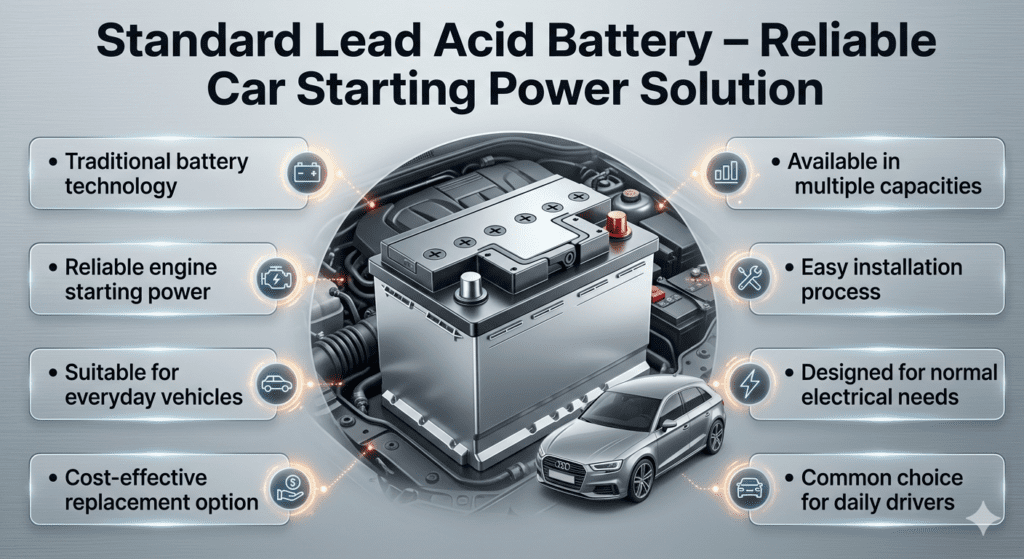 Standard Lead Acid Battery infographic showing reliable car starting power, affordable replacement option, everyday vehicle compatibility, and easy installation features.