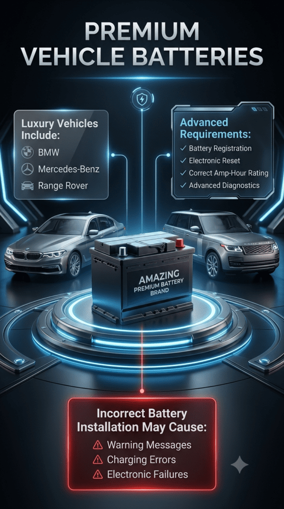 Premium vehicle battery infographic showing luxury car battery requirements, BMW, Mercedes-Benz, Range Rover compatibility, battery registration, electronic reset, diagnostics, and installation warnings.