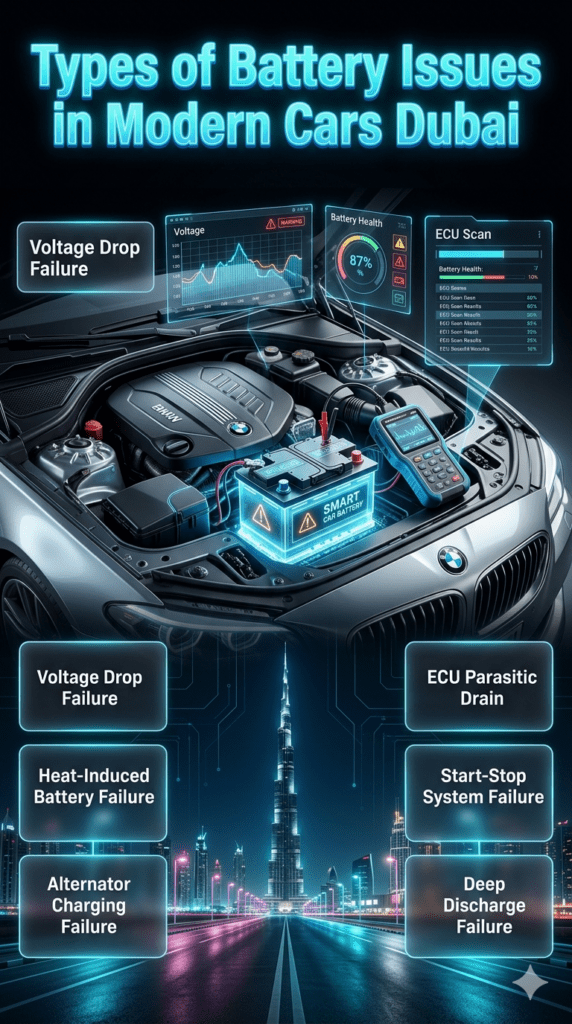 Types of Battery Issues in Modern Cars Dubai – Complete Diagnostic Guide Luxury automotive diagnostic infographic showing types of battery issues in modern cars Dubai including voltage drop, heat failure, alternator issues, ECU drain, start-stop failure, and deep discharge with futuristic car engine bay interface.