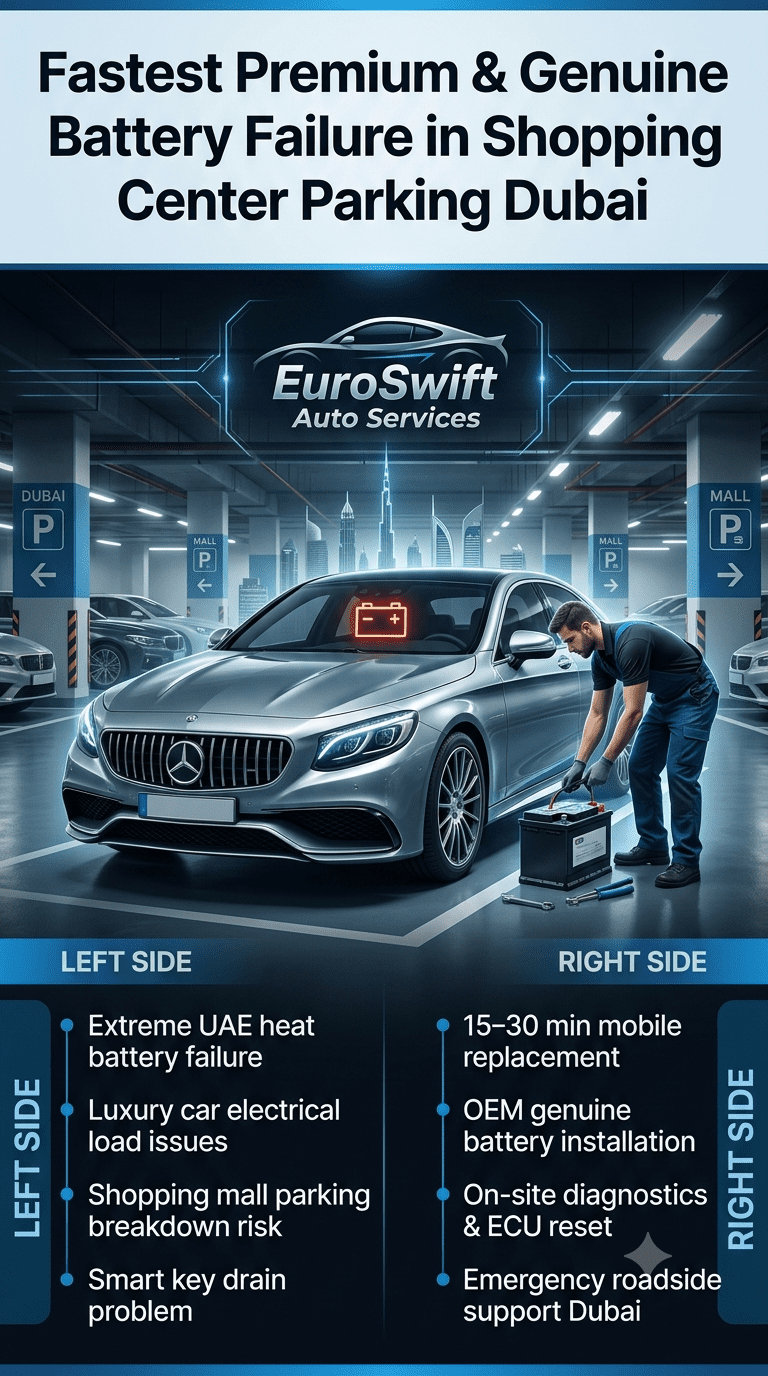Luxury car battery failure in Dubai shopping mall parking with mobile technician providing fast premium battery replacement service.