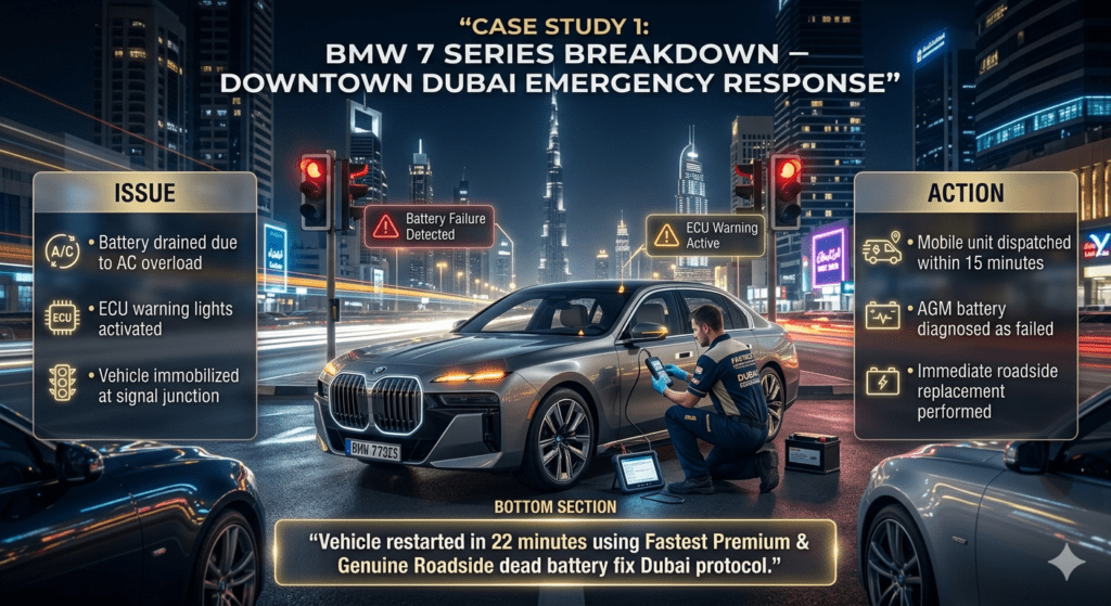 Infographic showing BMW 7 Series battery failure case study in Downtown Dubai with roadside technician response, diagnosis, replacement, and successful restart within 22 minutes.