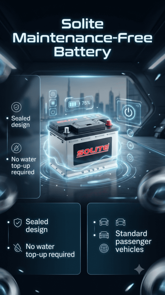 Solite maintenance-free battery infographic showing sealed design, no water top-up feature, and use in standard passenger vehicles with a central 3D battery and futuristic Dubai automotive design background.