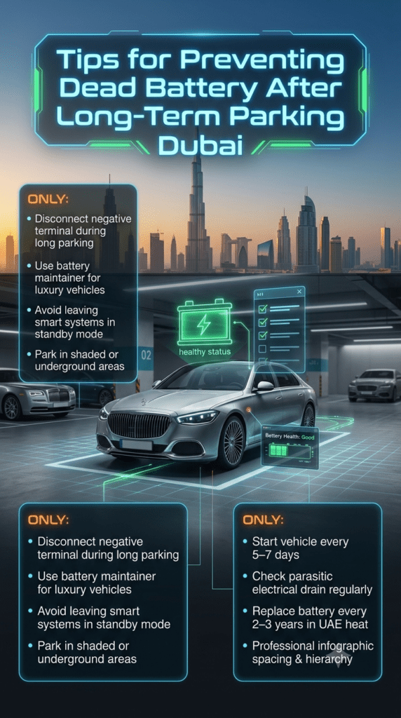 Battery Care Tips to Prevent Dead Battery After Long-Term Parking in Dubai Premium automotive infographic showing tips to prevent dead car battery after long-term parking in Dubai, including maintenance actions, parking advice, and battery care guidelines.