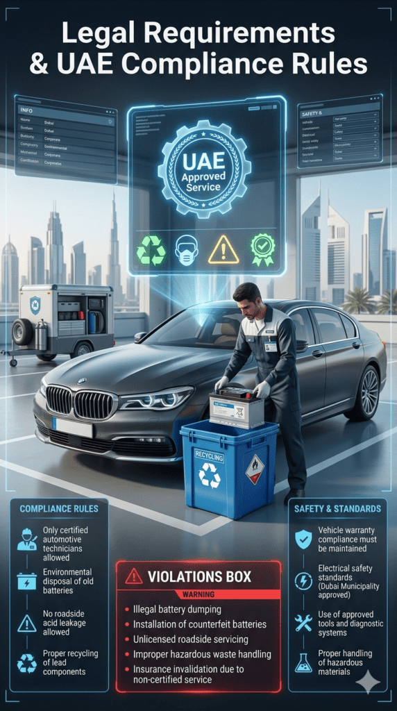 Legal Requirements & UAE Compliance Rules – Battery Replacement Dubai Certified automotive technician handling car battery recycling and compliance process in Dubai with UAE safety regulations infographic.