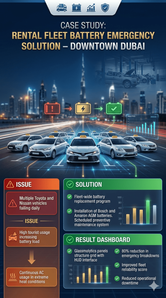 Rental Fleet Battery Emergency Case Study Downtown Dubai Success Report Premium infographic showing rental fleet battery failure case study in Downtown Dubai, including issues with Toyota and Nissan vehicles, solution using Bosch and Amaron AGM batteries, and results showing reduced breakdowns and improved fleet performance.