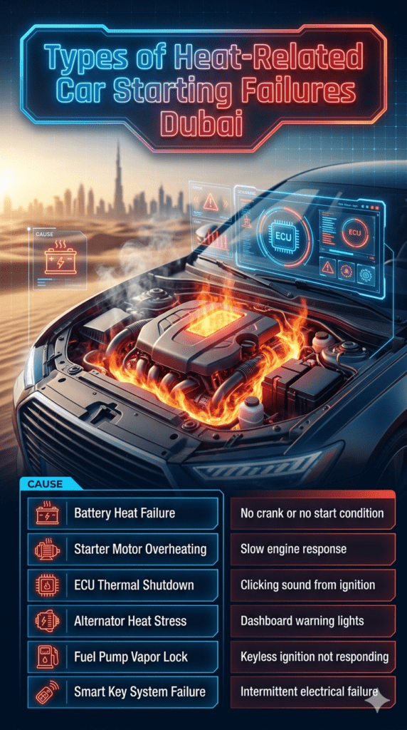 Futuristic infographic showing types of heat-related car starting failures in Dubai including battery, ECU, starter motor, alternator, fuel system, and smart key issues.